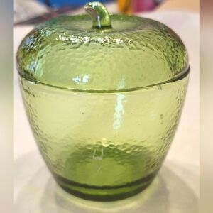 Vintage Hazel Atlas Green Glass Jam Jar Jelly Apple Shape Textured with Lid EUC
